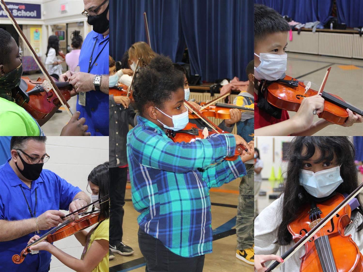 Collage of students practicing the violin